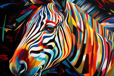 A beautiful zebra, modern artwork, abstract colorful painting with geometric shapes. Hand drawn digital painting. Created with generative AIの素材