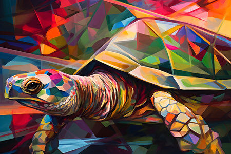 A beautiful turtle, modern artwork, abstract colorful painting with geometric shapes. Hand drawn digital painting. Created with generative AIの素材