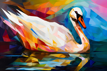 A beautiful swan, modern artwork, abstract colorful painting with geometric shapes. Hand drawn digital painting. Created with generative AIの素材
