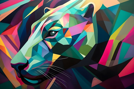A beautiful panther, modern artwork, abstract colorful painting with geometric shapes. Hand drawn digital painting. Created with generative AIの素材
