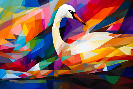 A beautiful swan, modern artwork, abstract colorful painting with geometric shapes. Hand drawn digital painting. Created with generative AIの素材