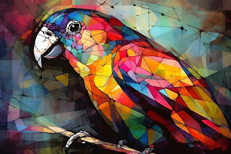 A beautiful parrot, modern artwork, abstract colorful painting with geometric shapes. Hand drawn digital painting. Created with generative AIの素材