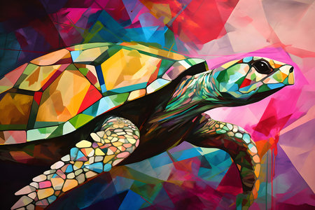 A beautiful turtle, modern artwork, abstract colorful painting with geometric shapes. Hand drawn digital painting. Created with generative AIの素材