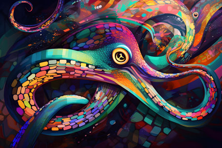 A beautiful octopus, modern artwork, abstract colorful painting with geometric shapes. Hand drawn digital painting. Created with generative AIの素材
