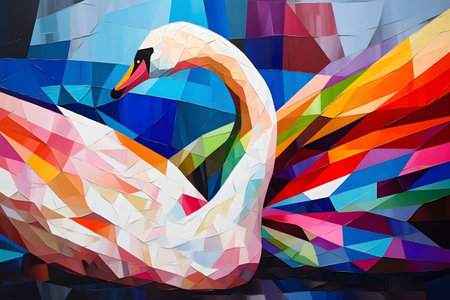 A beautiful swan, modern artwork, abstract colorful painting with geometric shapes. Hand drawn digital painting. Created with generative AIの素材