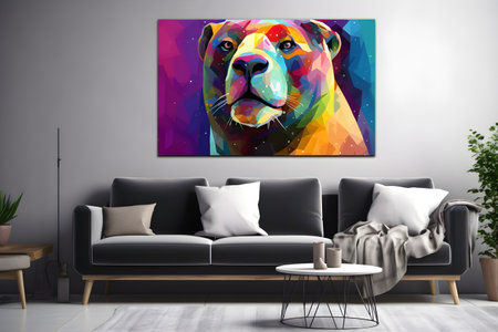 A modern interior - beautiful living room with a sofa and a a modern colorful artwork hanging on the big white wall. Created with generative AIの素材