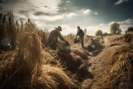 Modern farmers harvesting. Country side scene. Created with generative AIの素材
