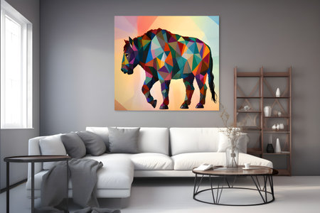 A modern interior - beautiful living room with a sofa and a a modern colorful artwork hanging on the big white wall. Created with generative AIの素材