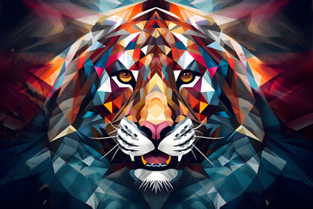 A beautiful tiger, modern artwork, abstract colorful painting with geometric shapes. Hand drawn digital painting. Created with generative AIの素材