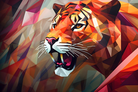 A beautiful tiger, modern artwork, abstract colorful painting with geometric shapes. Hand drawn digital painting. Created with generative AIの素材