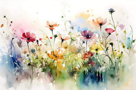 Watercolor painting - delicate and colorful summer flowers, isolated on a perfect white background. Hand drawn illustration. Created with generative AIの素材