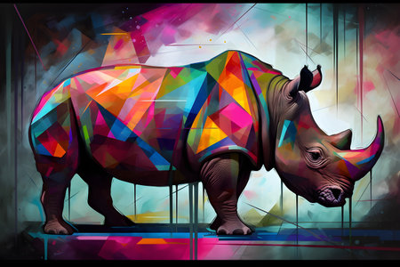 A beautiful rhinoceros, modern artwork, abstract colorful painting with geometric shapes. Hand drawn digital painting. Created with generative AIの素材