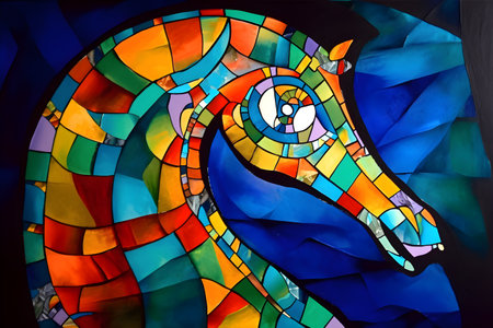 A beautiful seahorse, modern artwork, abstract colorful painting with geometric shapes. Hand drawn digital painting. Created with generative AIの素材