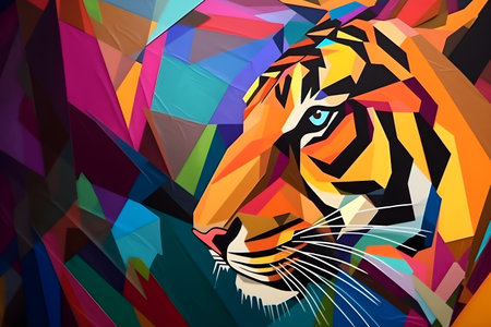 A beautiful tiger, modern artwork, abstract colorful painting with geometric shapes. Hand drawn digital painting. Created with generative AIの素材