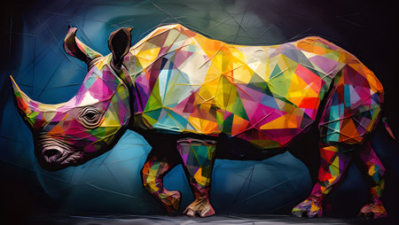 A beautiful rhinoceros, modern artwork, abstract colorful painting with geometric shapes. Hand drawn digital painting. Created with generative AIの素材