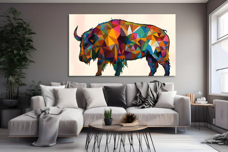 A modern interior - beautiful living room with a sofa and a a modern colorful artwork hanging on the big white wall. Created with generative AIの素材