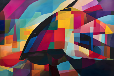 A beautiful whale, modern artwork, abstract colorful painting with geometric shapes. Hand drawn digital painting. Created with generative AIの素材