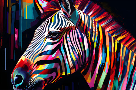 A beautiful zebra, modern artwork, abstract colorful painting with geometric shapes. Hand drawn digital painting. Created with generative AIの素材