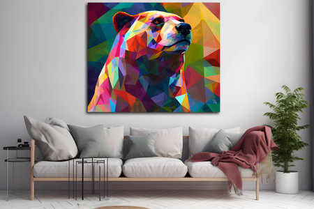 A modern interior - beautiful living room with a sofa and a a modern colorful artwork hanging on the big white wall. Created with generative AIの素材