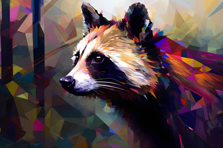 A beautiful raccoon, modern artwork, abstract colorful painting with geometric shapes. Hand drawn digital painting. Created with generative AIの素材