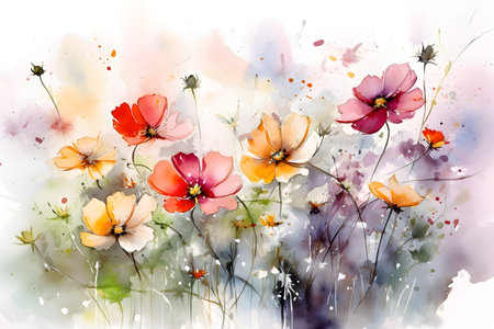 Watercolor painting - delicate and colorful summer flowers, isolated on a perfect white background. Hand drawn illustration. Created with generative AIの素材