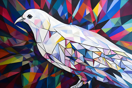 A beautiful white dove, modern artwork, abstract colorful painting with geometric shapes. Hand drawn digital painting. Created with generative AIの素材