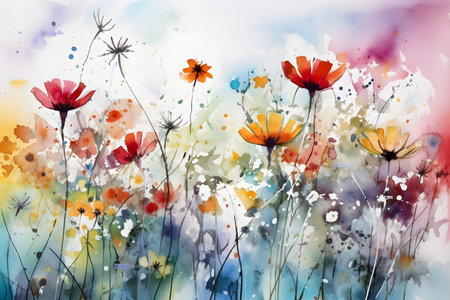 Watercolor painting - delicate and colorful summer flowers, isolated on a perfect white background. Hand drawn illustration. Created with generative AIの素材