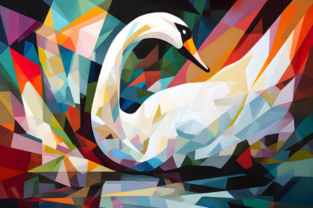 A beautiful swan, modern artwork, abstract colorful painting with geometric shapes. Hand drawn digital painting. Created with generative AIの素材