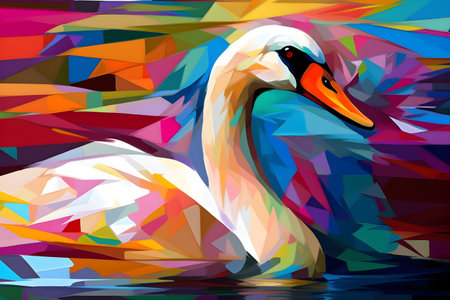 A beautiful swan, modern artwork, abstract colorful painting with geometric shapes. Hand drawn digital painting. Created with generative AIの素材