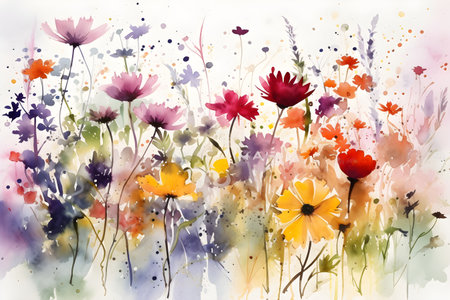 Watercolor painting - delicate and colorful summer flowers, isolated on a perfect white background. Hand drawn illustration. Created with generative AIの素材