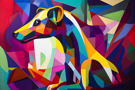 A beautiful weasel, modern artwork, abstract colorful painting with geometric shapes. Hand drawn digital painting. Created with generative AIの素材