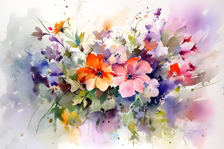 Watercolor painting - delicate and colorful summer flowers, isolated on a perfect white background. Hand drawn illustration. Created with generative AIの素材