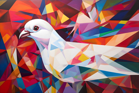 A beautiful white dove, modern artwork, abstract colorful painting with geometric shapes. Hand drawn digital painting. Created with generative AIの素材