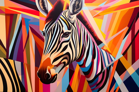 A beautiful zebra, modern artwork, abstract colorful painting with geometric shapes. Hand drawn digital painting. Created with generative AIの素材