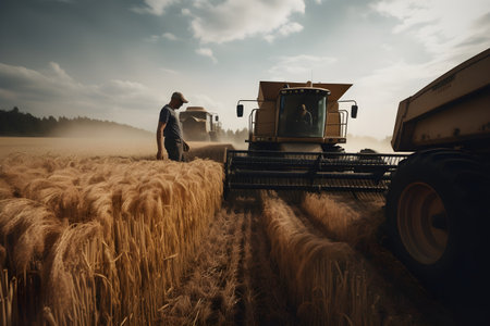 Modern farmers harvesting. Country side scene. Created with generative AIの素材
