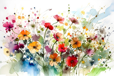 Watercolor painting - delicate and colorful summer flowers, isolated on a perfect white background. Hand drawn illustration. Created with generative AIの素材