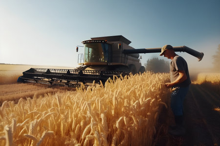 Modern farmers harvesting. Country side scene. Created with generative AIの素材