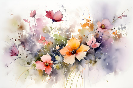 Watercolor painting - delicate and colorful summer flowers, isolated on a perfect white background. Hand drawn illustration. Created with generative AIの素材