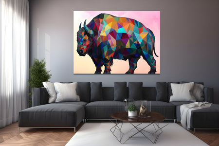 A modern interior - beautiful living room with a sofa and a a modern colorful artwork hanging on the big white wall. Created with generative AIの素材