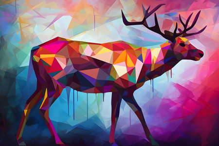 A beautiful reindeer, modern artwork, abstract colorful painting with geometric shapes. Hand drawn digital painting. Created with generative AIの素材