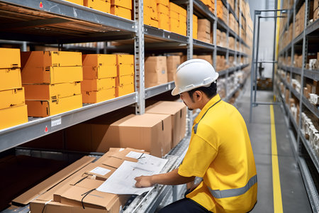 A factory worker organizing inventory and materials in the warehouse, maintaining a well-structured and efficient storage system. Generative AIの素材