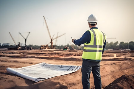 A civil engineer inspecting a construction site, ensuring the project is progressing according to plan. Generative AIの素材