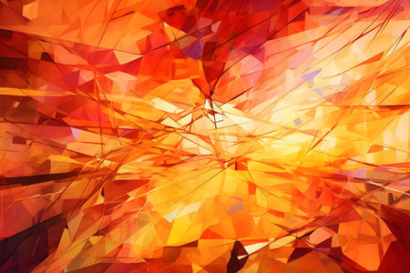 Dynamic abstract background with intersecting lines and polygons in a gradient of warm vibrant colors, movement and energy. Illustration created with generative AIの素材