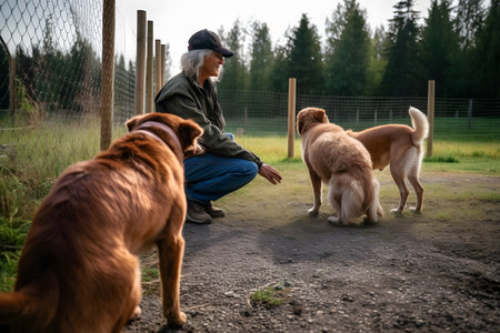 A dog trainer working with dogs to teach obedience and behavior modification. Generative AIの素材