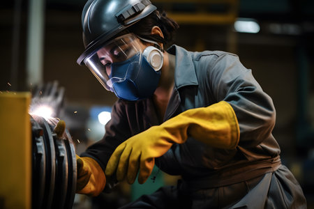 A factory worker wearing protective gear and following safety protocols while handling hazardous materials, prioritizing workplace safety. Generative AIの素材