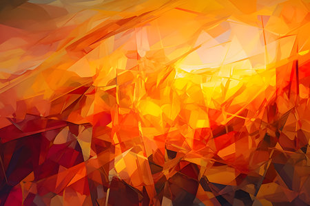 Dynamic abstract background with intersecting lines and polygons in a gradient of warm vibrant colors, movement and energy. Illustration created with generative AIの素材