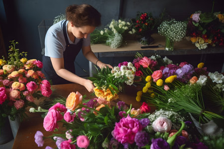 A florist arranging beautiful flower bouquets and floral arrangements for special occasions. Generative AIの素材