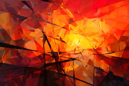 Dynamic abstract background with intersecting lines and polygons in a gradient of warm vibrant colors, movement and energy. Illustration created with generative AIの素材