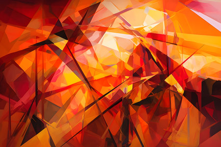 Dynamic abstract background with intersecting lines and polygons in a gradient of warm vibrant colors, movement and energy. Illustration created with generative AIの素材