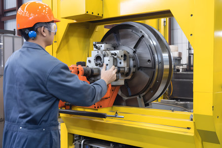 A diligent factory worker operating heavy machinery on the production line, ensuring the smooth and efficient manufacturing process. Generative AIの素材